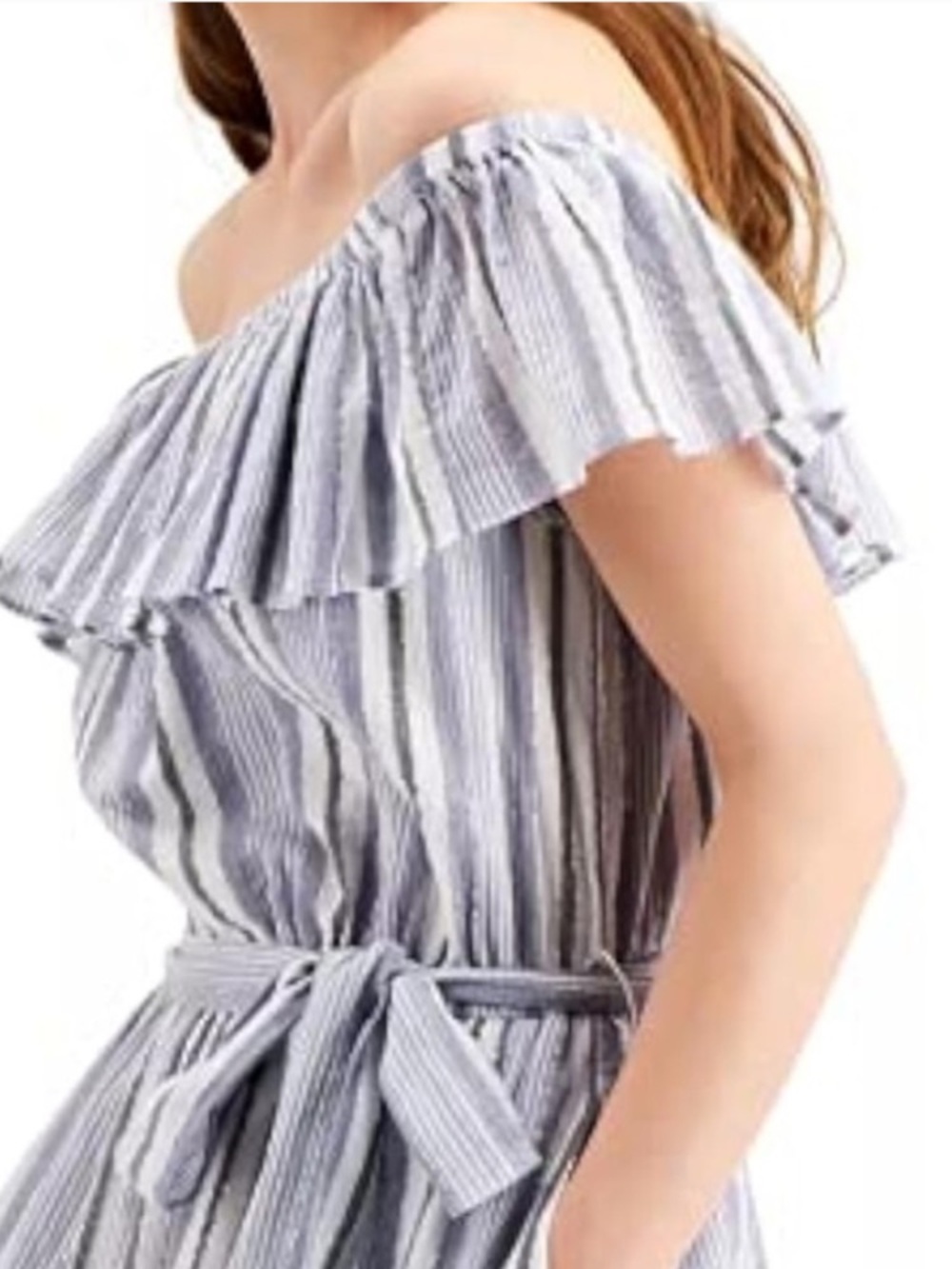 Michael Kors Blue and White Striped Off-Shoulder Midi Dress